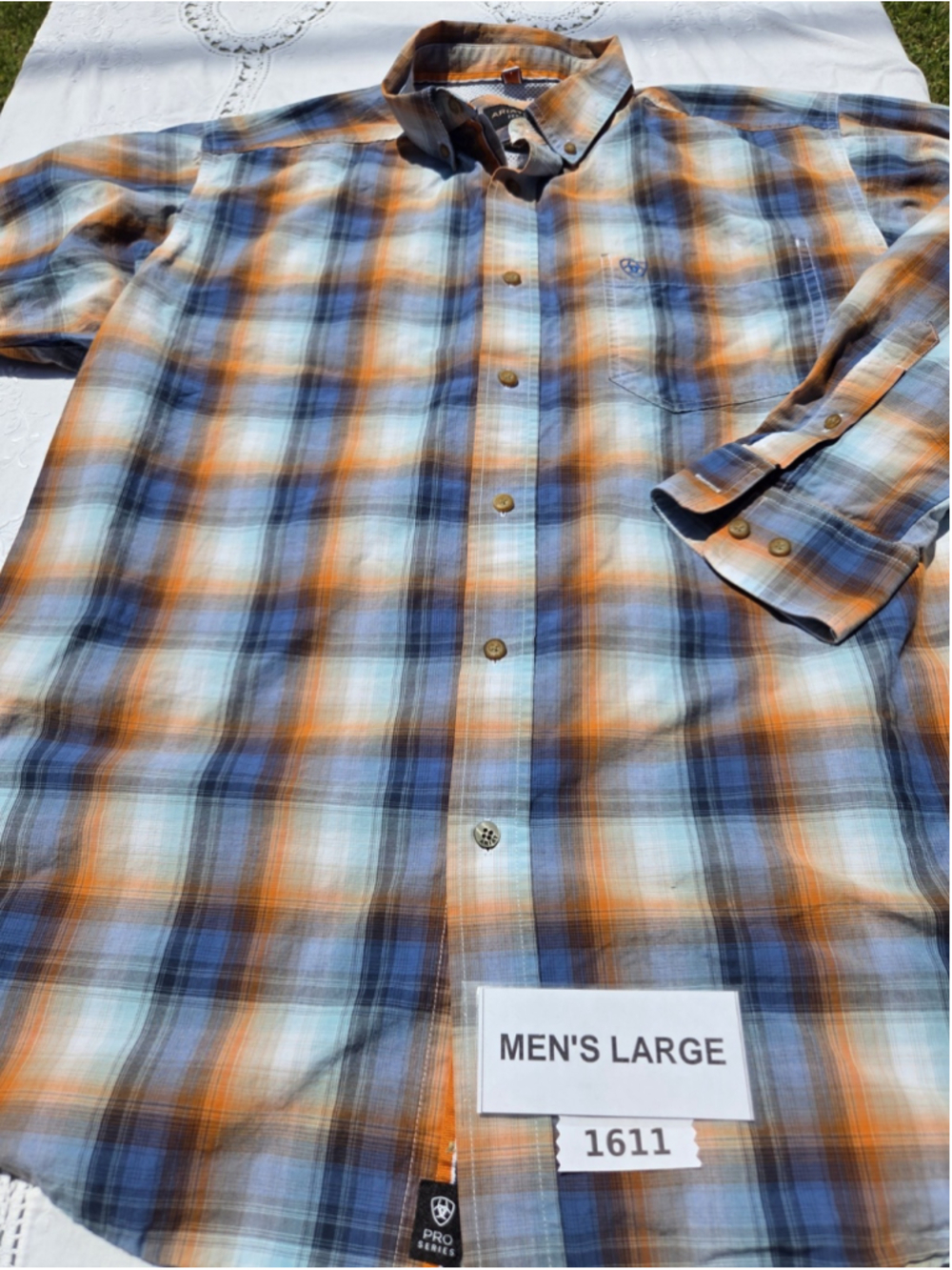 Ariat Pro Series Men’s Large Blue Orange Plaid Long Sleeve Shirt #1611